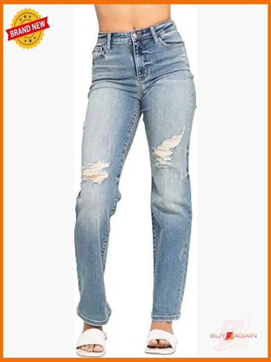 Denim - High waisted straight jeans with destroyed detail
